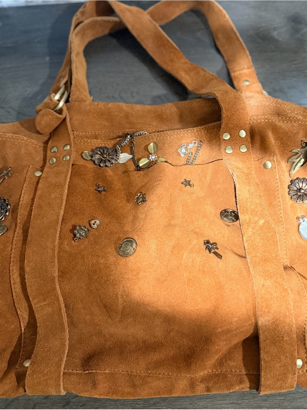 Free People Suede Boho Tote Bag in Chestnut Brown with Embellishments